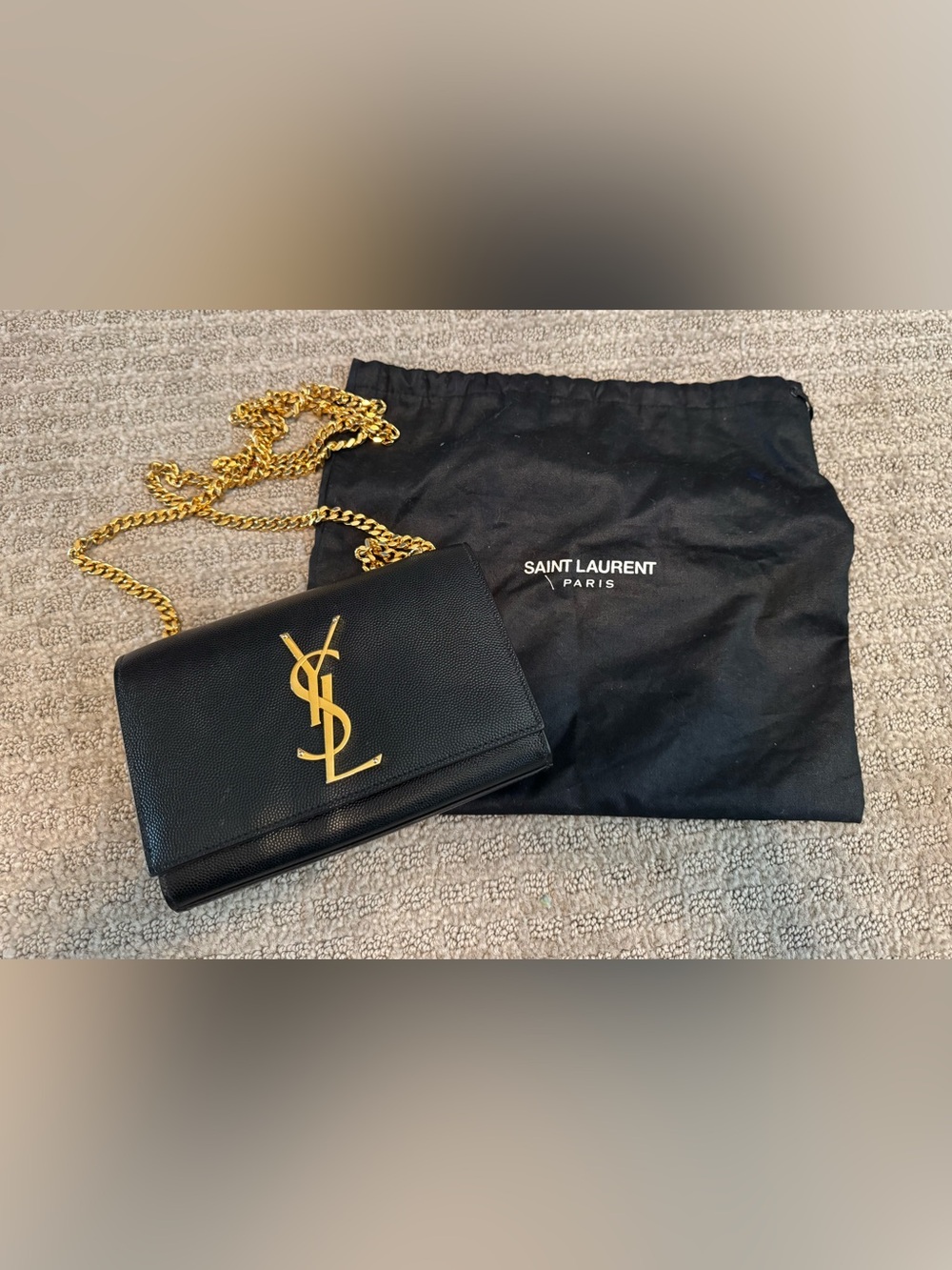 Saint Laurent Black Leather Wallet-On-Chain with Gold YSL Logo
